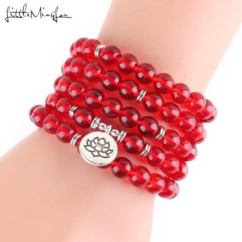 Little Minglou Red crystal Natural Stone 108 Mala Lotus Bracelet or Necklace Reiki Charged Buddhist Rosary Bracelet