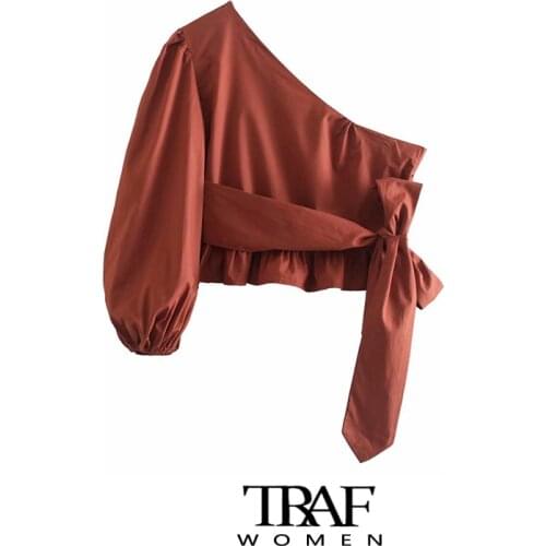 TRAF Za Women Fashion With Bow Tie Ruffled Crop Blouses Vintage One Shoulder Lantern Sleeve Female Shirts Chic Tops