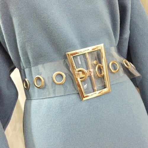 RYFIX Fashion Women Transparent Wide Waist Belt Female Designer colorful Trapezoid Gold Metal Buckle Dress Laser Clear PVC Belt