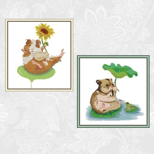 Two Good Friends Cross-stitch Kits 14CT Printed Fabric 11CT Canvas DMC Guinea Pig and Sunflower Cross Stitch Embroidery Sets
