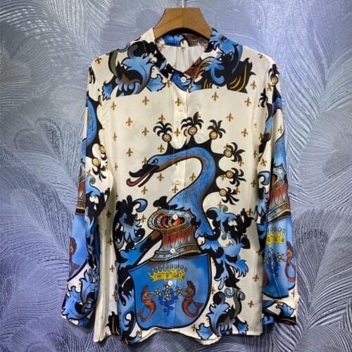 New Designer Fashion print womens Silk Shirts High quality elegant long sleeves O-neck Shirt C197