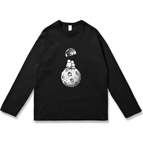 Autumn Round Neck American Retro Loose Oversized Long-sleeved T-shirt Mens Tide Astronaut Print Couple Outfit Bottoming Shirt