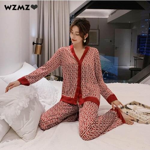 Luxury Womens Pajamas Set Silk Like Pyjama Sleepwear Casual V Neck Fashion Letter Print Pajamas for Girl Home Clothes Nightwear
