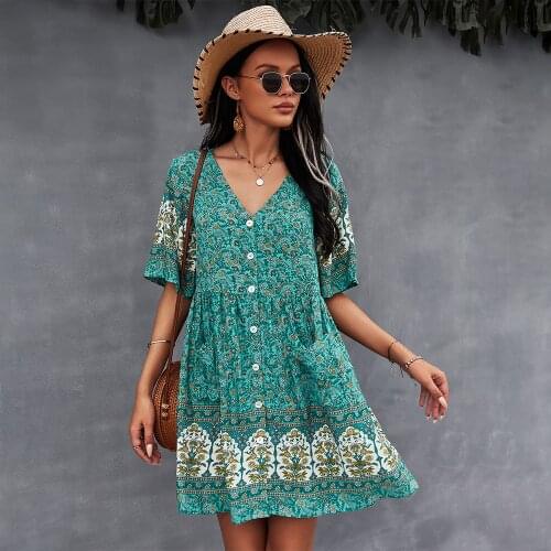 2021 Spring Floral Print Summer Dresses For Women Casual V Neck Bohemian Short Sleeve Dress Ladies Vintage Mini Dress vestidos