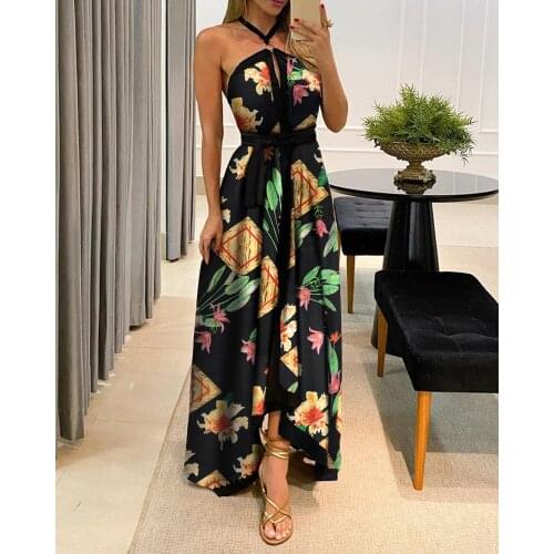 Sexy Women Halter Backless Maxi Dress Sleeveless Floral Print Long Dresses 2021 New Summer Beach Party Ladies Vestidos