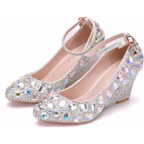 Pointed Shallow Wedges pumps women shoes pu Buckle Strap Rhinestone Round Toe 8CM High Heels Womens Wedding Shoes