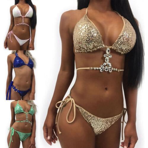 Sexy Women Fashion Sequin Rhinestone Crystal Diamond Triangle Lace Up Halter Glitter Bikini Set Bathing Beach Swimsuit Swimwear
