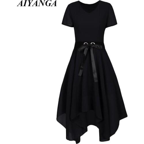 Chiffon Womens Dress 2019 Summer Dresses With Sashes Female Black Gothic Dress Women Short Sleeve A-Line Womens clothing