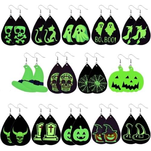 Halloween Pattern Luminous Teardrop Faux Leather Earrings for Women Skull Punk Long Lightweight Drop Dangle Earings Wholesale