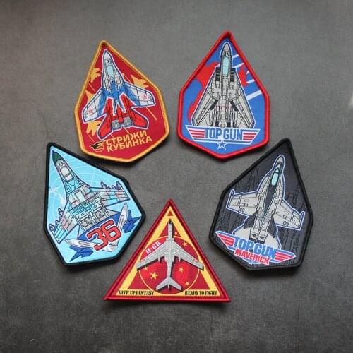 TOP GUN F18 F14 Fighter Embroidery Patches SU27 MIG 29 Boom H-6K Army Fan Outdoor Velcro Badge Russian Flying Armband Sticker