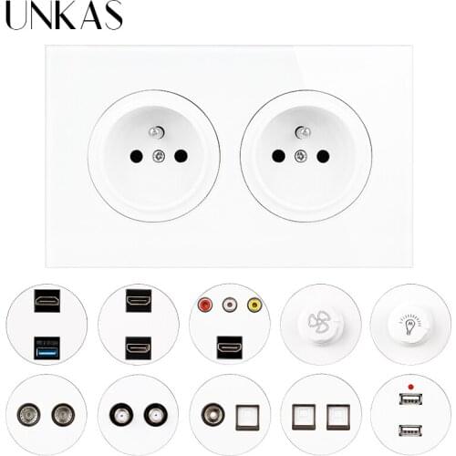 UNKAS Dual French Glass Panel Socket + HDMI-Compatible Port USB Jack TV RJ11 Telephone RJ45 Computer Dimmer Fan Regulator Switch