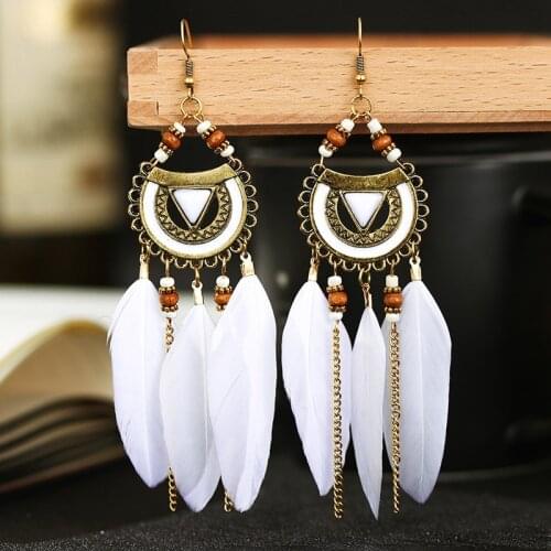 Bohemian White Semicircle Long Feather Tassel Ladies Earrings Women Summer Indian Jewelry Natural Wood Beads Dangle Earrings