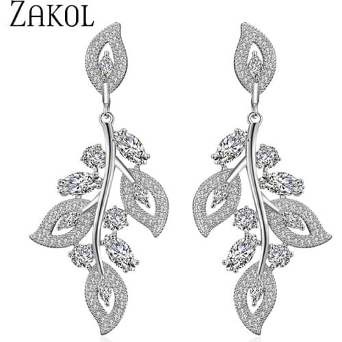 ZAKOL Elegant Bridal Earrings High Quality Zircon Leaf Flower Earrings for Women Wedding Dinner Party Dress Accessories FSEP2362