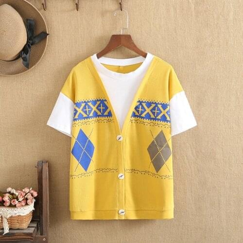Plus Size t Shirts Summer Tops Geometric Pattern British Style Knitted Cotton O-Neck Short Sleeves Shirt Large Summer Dress