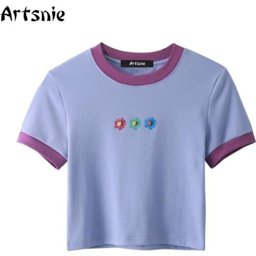 Artsnie floral print casual t shirt women summer o neck short sleeve purple crop tops streetwear slim cropped t-shirt mujer