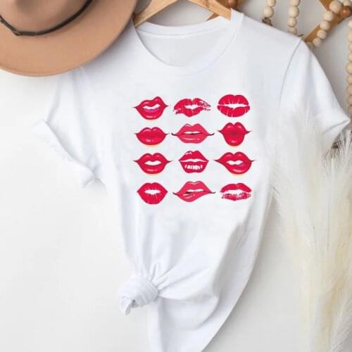 T-shirts Women Lip Cartoon Fashion Love Short Sleeve Valentines Day Clothes Stylish Tshirt Top Lady Print Sexy Tee T-Shirt