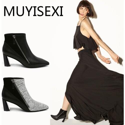 Women Autumn Ankle Boots Zipper 6 cm High Heels Genuine Leather Pointed Toe Shoes Black White Fashion HL136 MUYISEXI