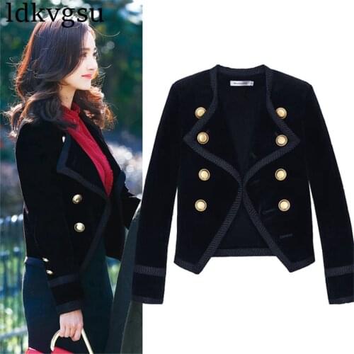 2020 Runway Women Short Jacket Spring Autumn Coat Double Breasted Blazer Suit Female Velvet Black Slim Outwear A1343
