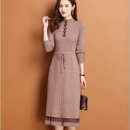 Lace Hem Buttons Women Autumn Winter Sweater Knitted A-line Dresses Belt Slim Elastic Long Sleeve Tops Lady Bottom Midi Clothes