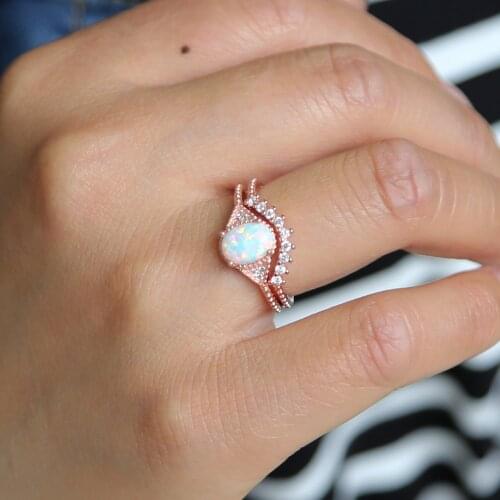 2021 Top sale new women 925 Sterling Silver two layer cz Ring with Elliptical Blue Opal Wedding Band Romantic Style Jewelry Gift