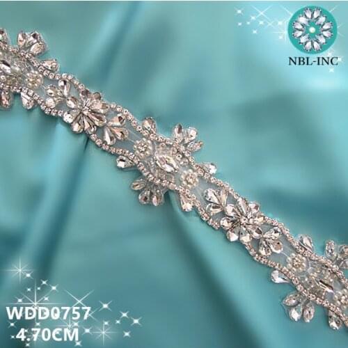 10 YARDS)Wholesale iron on silver bridal hand beaded crystal rhinestone applique trim for wedding dress sash belt WDD0757