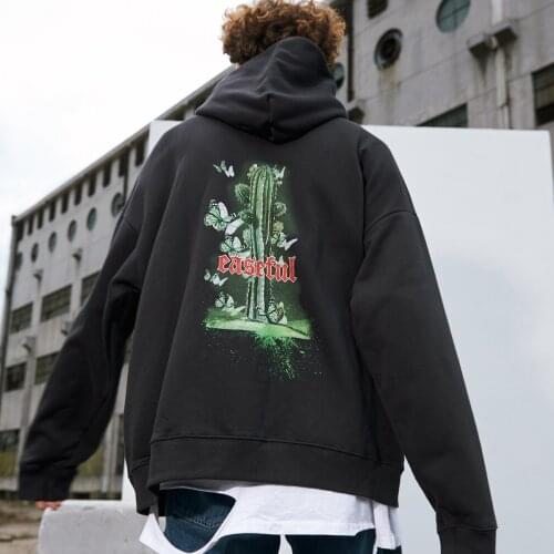 2020 Fleece Cotton Sweatshirt Pullover Men Hip Hop Streetwear Hoodie Mens Butterfly Cactus Print Pullover Harajuku Hoodie Winter