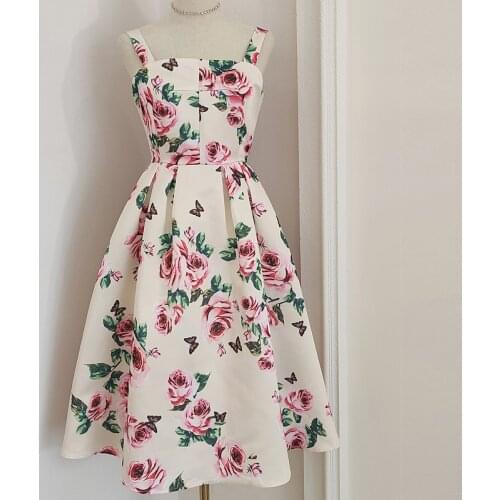 2021 Designer Fashion Summer Dress Women Spaghetti Strap Butterfly Rose Printed High Waist Party Dresses