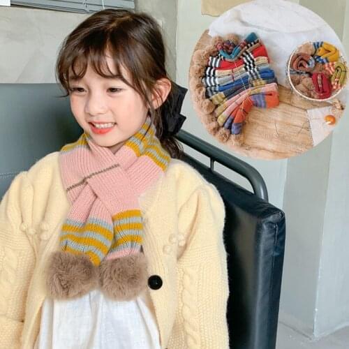 2021 Winter Warm Children Baby Scarf Boys Girls Patchwork Striped Plush Balls Cross Collar Neck Ring Scarf Kids Scarves 1-15T