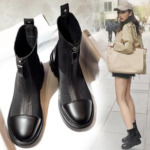 Ankle Boots Women Zippers Platform Ladies Sock Boots Square Heels Comfortable Thick Female Shoes Fashion Short Boots Black Botas