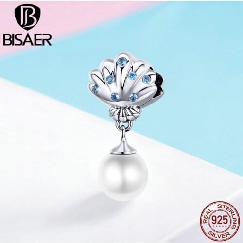 BISAER 100% 925 Sterling Silver Happiness Charms Freshwater Pearl Shell Beads fit for Bracelets DIY Jewelry Mother Gift ECC1155