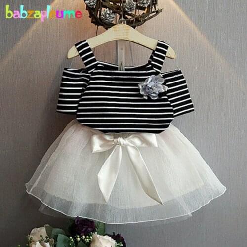 Kids 2Piece Set Summer Toddler Girls Outfits Fashion Princess Stripe Cotton Baby T-shirt+Bow Lace Skirt Children Clothes BC1009