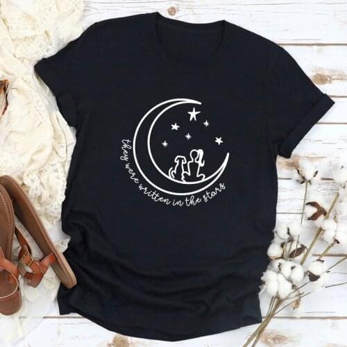 They Were Written In The Stars T-shirt Funny Dog Mama Gift Tshirt Aesthetic Girl And Dog Sitting On The Moon Tee Shirt Top