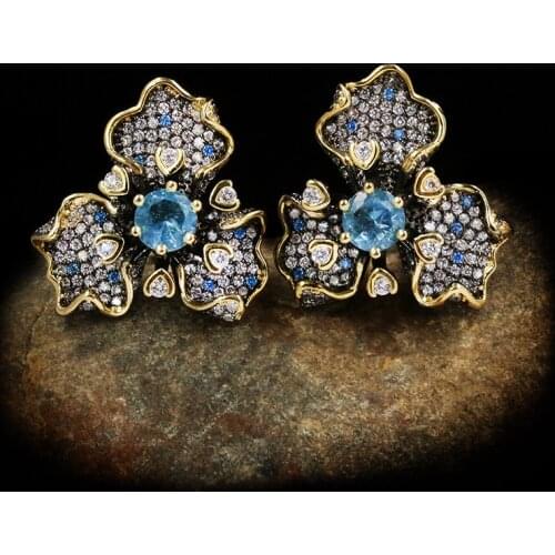 Exquisite Female Leaf Flower Sapphire Earrings Elegant Temperament Lotus Stud Earrings Black Gold 925 Silver Party Jewelry