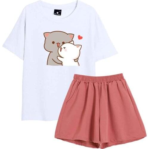 Kawaii Bear Printing Harajuku Two Piece Set Summer Cotton T Shirt Pajamas Set Female Casual Sweatpants Joggers Women Loungewear