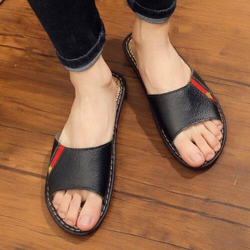 Genuine Leather Couples Summer Indoor Slippers Cow Leather Anti-Slip Men&Women Home Shoes Casual House Slippers