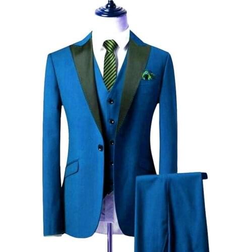 Newest Groomsmen Blue Groom Tuxedos Peak Black Lapel Men Suits Wedding Best Man Blazer ( Jacket+Pants+Vest+Tie ) C490