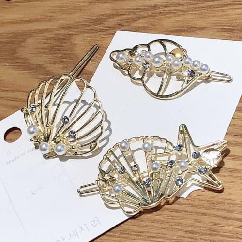 2019 New Fashion Shell Pearl hair Barrettes For Women Girl Starfish Metal Hairpin Side Clip Hair Accessories