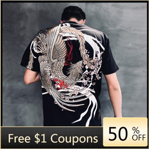 2021 New Yokosuka Embroidery Summer Chinese Style Heavy Industry Embroidery Suzaku Cherry Blossom Men Short-sleeved T-shirt 3XL