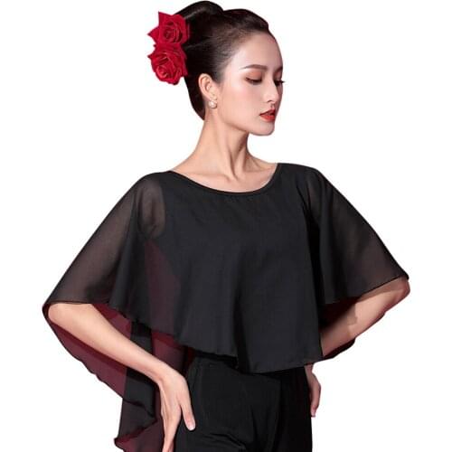 Gauze Latin Dance Clothes Female Adult Sexy Top Performance Clothing New Ballroom Samba Cha Cha Dancing Shirt Black