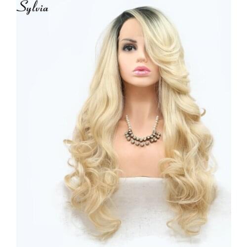 Sylvia Natural Wave Blonde Wig Long Synthetic Hair Lace Front Wigs for Lady Women Girl Dark Roots to Gold/Blond High Temperature