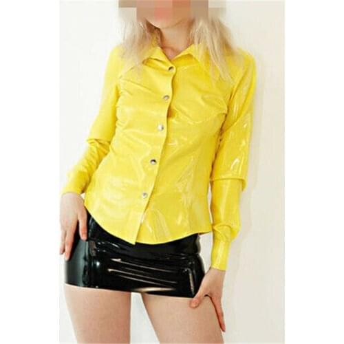 Sexy Women Yellow Latex Rubber Gummi Shirt Coat Fetish Top Jacket Customize