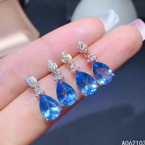 KJJEAXCMY 925 sterling silver inlaid natural Blue Topaz Womens classic water drop jewel Earrings ear stud support test