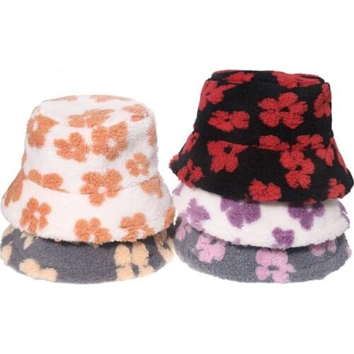 Flower Autumn Winter Lamb Hair Hat Plush Hat Outdoor Trend Fisherman Cap for Women Casual Winter Warm Fluffy Bucket Hats