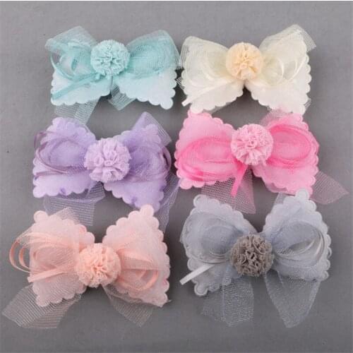 New Arrival 10PCs 70*90MM Chiffon Lace Ribbon Bow Craft Button with Round Ball Decoration Fit Girls Hair Jewelry Garment Shoes