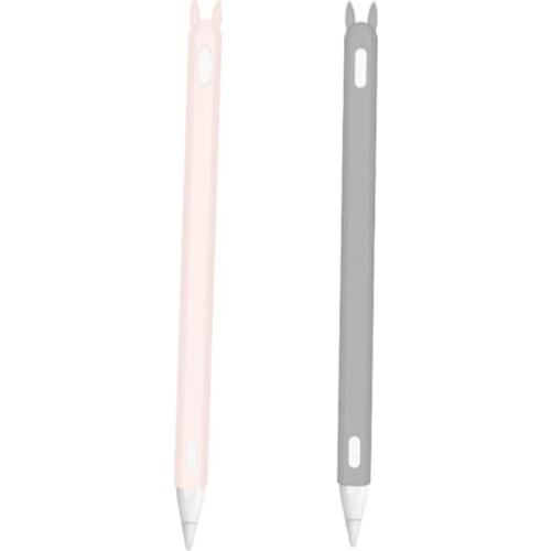 2 Pcs Cute Cat Ear Silicone Protective Pouch Cap Holder Nib Cover Protective Case Skin for Apple Pencil 2(Gray & Pink)