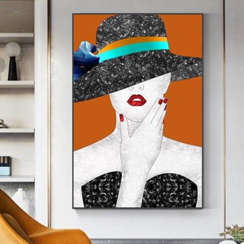 Modern Fashion Women with Hat Make Up Orange Wall Art Posters Canvas Pictures Prints Paintings for Living Room Home Decoration