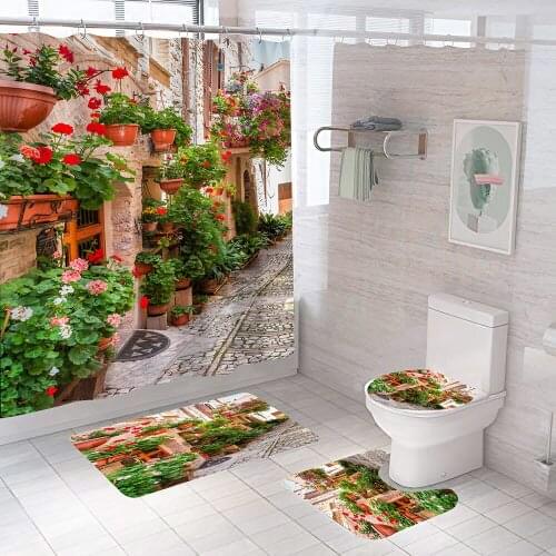3D Colorful Street Alley Pattern Shower Curtains Bathroom Curtain Set Non-Slip Rugs Toilet Lid Cover and Bath Mat Carpet Sets