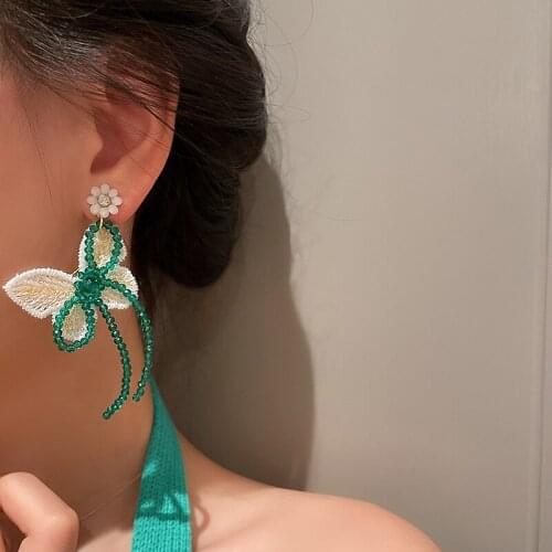 U-Magical Luxury Butterfly Beaded Bowknot Long Tassel Dangle Earring for Women Green Crystal Flower Rhinestone Earring Jewellery