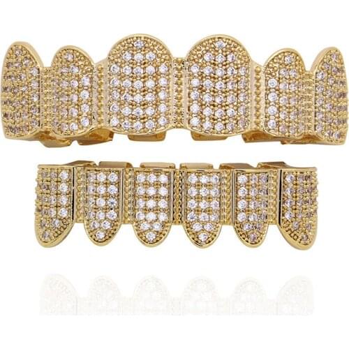 Hip Hop Iced Out Bling Teeth Grillz Micro Paving Cubic Zircon Top & Bottom Teeth Grills Set Rock Rap Jewelry