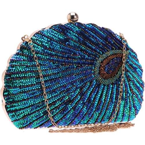 Japanese VIntage Women Evening Bag Shell Handbag Beaded Sequined Handbag Wedding Cocktail Party Laides Day Clutches Peacock 2021